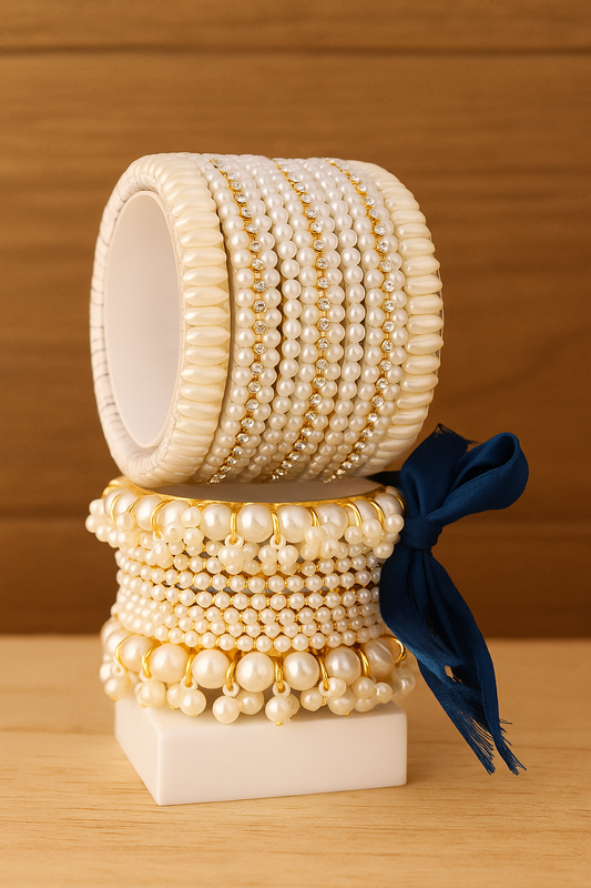 Elegant Pearl Bangles Set with Golden Detailing & Navy Ribbon